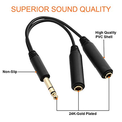Tisino 6.35mm(1/4 inch) TRS Jack Cable Headphone Splitter 2 Way, 20cm | 1/4" TRS Stereo Jack Splitter Cable, 6.35mm Male to 2 Female Y Lead for Guitar, Mixer, Studio, Gold-plated/OFC