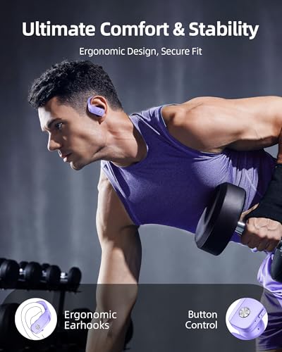 Wireless Earbuds Bluetooth Headphones Over Ear Hooks Ear Buds with 80H Playtime, LED Power Display, Dual Mic Clear Calls, Sports Wireless Ear Buds Bluetooth Earbuds for Running Gym Workout (Purple) - color: Purple
