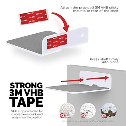 BRAINWAVZ 2-Pack 4” Small Floating Shelf Bluetooth Speaker Stand, Adhesive & Screw Wall Mount, Anti Slip, for Cameras, Baby Monitors, Webcam, Router & More, Universal Holder (SHELF11 White) - color: White