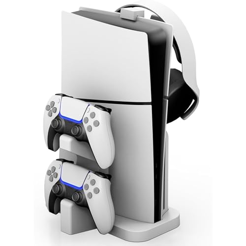 NBCP PS5 Slim Vertical Stand with Charging Dock,Dual Controller Charger and LED Indicators,Includes Headset Holder,Integrated Cooling and Storage Accessory Stand for PlayStation 5 Slim Disc & Digital - color: White