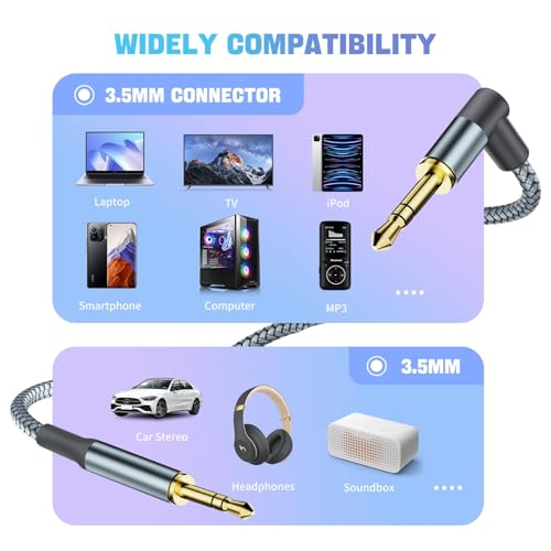 3.5mm Aux Cable Cord,Hi-Fi Sound 90 Degree Nylon Braided 3.5mm Male to Male Stereo Aux Cables Right Angle TRS Cable Portable Compatible for Headphone, car,Tablets, Speakers (16.4FT/5M) - size: 16.4FT/5M
