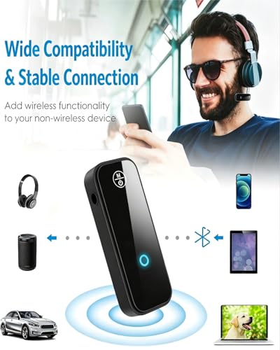Bluetooth 5.4 Car Receiver, 2-in-1 Aux Bluetooth Adapter | 3.5mm Receiver Transmitter, Built-in Mic Hands-Free Calls Crystal Clear Sound, for Cars Headphones Home Stereo Speakers