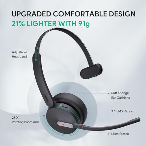 Yealink BH70 Mono UC Compatible with Charging Stand, Wireless Bluetooth Headset with Microphone for Work, up to 35h Talking Battery Life, 3-Mic Noise Cancellation Headsets for Computer