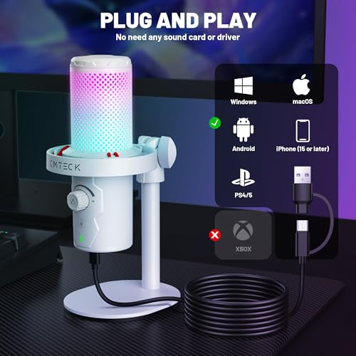 CMTECK USB 마이크, 스튜디오 품질, PC/노트북용 맞춤형 RGB 조명 | LED로 빠른 음소거, 플러그 앤 플레이, 노이즈 캔슬링. 3.5mm 제로 레이턴시 잭 및 게인. 팟캐스트, 스트리밍용 - color: 화이트.