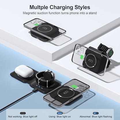 3 in 1 Charging Station for Multple Devices,Foldable 3 in 1 Wireless Charger for Travel,Nano Wireless Charging Station for iPhone16 15 14 13 12 Pro Max/Watch 10 9 8 7 6 5 4 3 Ultra/AirPod Pro - color: Black