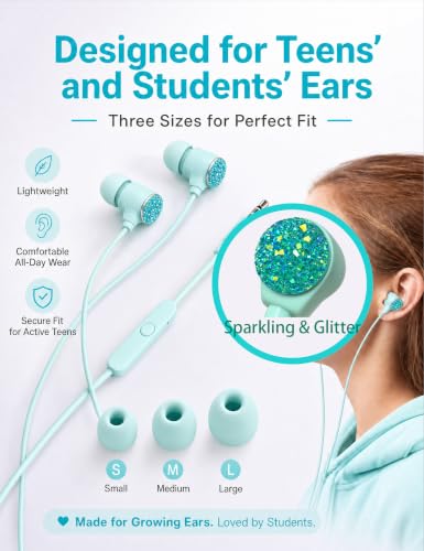 2-Pack Teens Wired Earbuds with Glitter Skyblue Case, School Headphones | GOGOSINIS 2-pack Wired Student Earbuds with Glitter Skyblue case, 3.5mm Headphones,Mini Carabiner Clip for School Backpacks - color: Diamond Blue