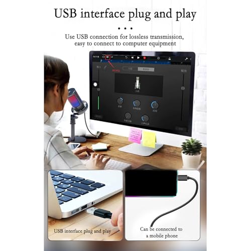USB Microphone for PC Gaming Color Lighting Mic Mute Button Condenser with Knob Solid Base - color: Pinker
