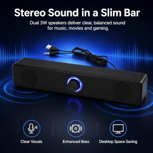 Computer Speakers USB-A Powered Wired Stereo Desktop Speakers with 3.5mm Aux Plug No Bluetooth for PC Laptop 2026, Black - color: Black
