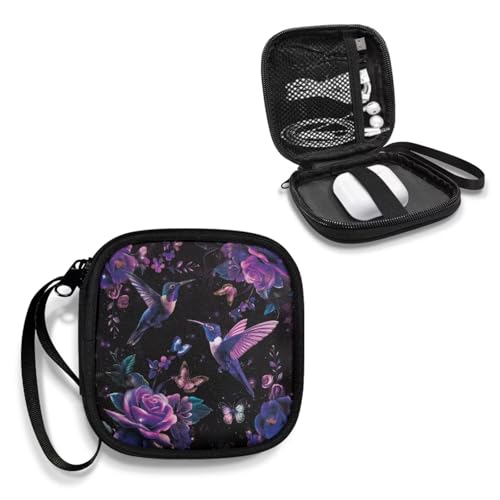 Universal Portable Earphone Carrying Bag Pouch with Handle Zipper for Earbud Headset Charger USB Cable MP3 Key(Hummingbird Flower) - color: Hummingbird Flower Butterfly