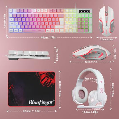 BlueFinger RGB Gaming Keyboard and Backlit Mouse and Headset Combo, USB Wired Backlit Keyboard, LED Gaming Mouse Set, Headset with Microphone for Laptop PC Computer Game and Work (White & Pink) - color: White & Pink