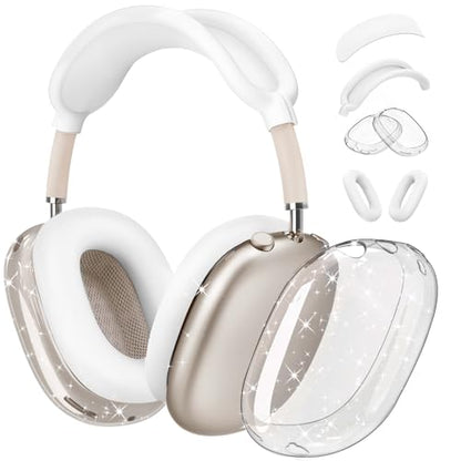 4 in 1 Set Case for AirPods Max Headphones, Clear Soft TPU Anti-Scratch Protective Case Cover, No Yellowing Transparent Accessories for Apple AirPods Max (2024 USB-C /2020 Lightning) -GlitterClear - color: B-GlitterClear