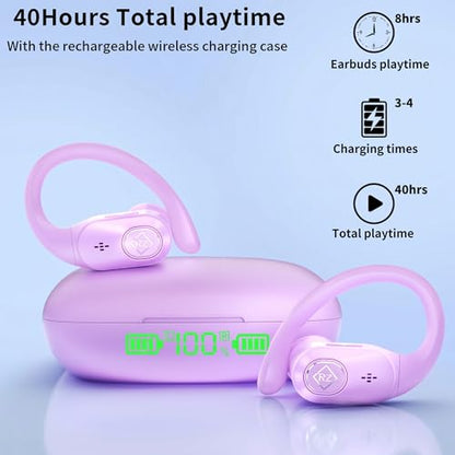 Wireless Earbuds with Ear Hooks 96H Playtime for iPhone Android | LED Display Deep Bass Stereo Sound Built in Mic Sweat Resistant Design Low Latency Mode for Sports Gaming - color: Purple