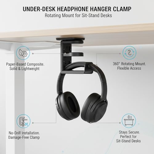 Under Desk Headphone Hanger Clamp, Rotating Mount for Sit-Stand Desks, No-Drill Installation, Paper-Based Composite (1 PC) - color: Black