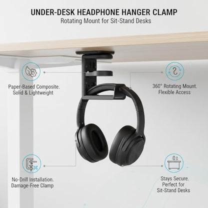 Under Desk Headphone Hanger Clamp, Rotating Mount for Sit-Stand Desks, No-Drill Installation, Paper-Based Composite (1 PC) - color: Black