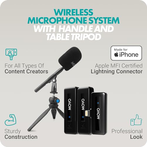 Movo WireL Mini DI-Duo Wireless Microphone for iPhone Podcast Equipment Bundle with WMX-HM Handle/Desktop Mic Stand - Wireless iPhone Mics for Podcasting, Interviews, and Content Creation - size: Lightning