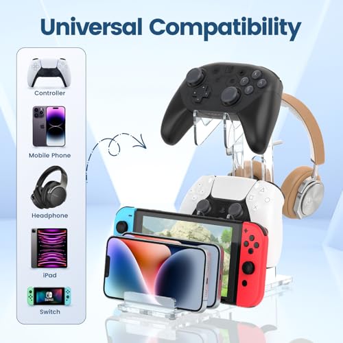 Kzlaonef Acrylic Game Console Shelf for PS5/Xbox/Switch | Desk Organizer with Headset & Controller Holder | Modern Gaming Accessory Storage