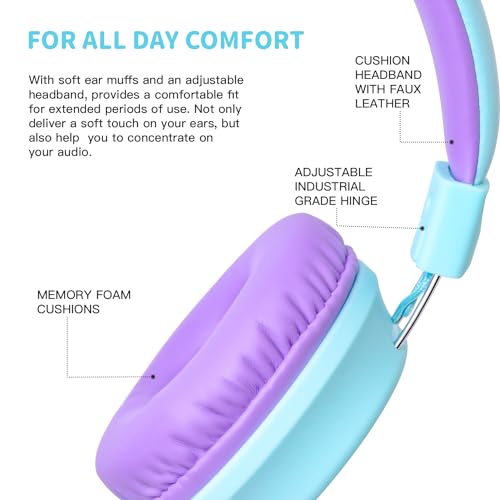 Olyre Kids Headphones, Toddler Headphones with Cord for School Plane Travel, Lightweight Stereo Wired Children Earphones with HD Microphone for Boys Girls for PC Cellphone Tablet(Icy Mint Blue/Purple) | Blue, purple; Over ear headphones with cord for scho