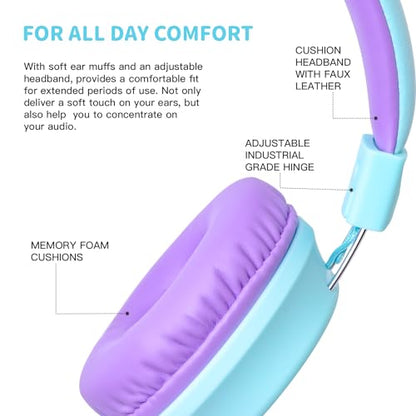 Olyre Kids Headphones, Toddler Headphones with Cord for School Plane Travel, Lightweight Stereo Wired Children Earphones with HD Microphone for Boys Girls for PC Cellphone Tablet(Icy Mint Blue/Purple) | Blue, purple; Over ear headphones with cord for scho