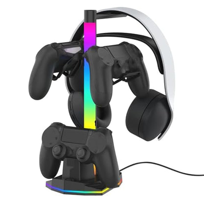 GOWENIC RGB Gaming Headphone and Controller Stand with 3 in 1 Charging Dock, Dual USB Ports, USB C for, 4 Lighting Modes, Headset Holder for, Game Controller