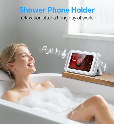 Coolpow Shower Phone Holder Waterproof with Speaker Holes Wall Mount Case | 480° Adjustable, Enhanced Sound Quality Waterproof & Anti-Fog Bathroom Phone Holder Mount Stand, 4"-7" Phones - color: Classic White
