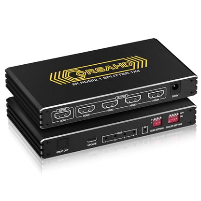 CORSAHD 8K@60Hz 4K@120Hz HDMI2.1 Splitter 1 in 4 Out with Audio Extractor,HDCP2.3,Supports SPDIF 5.1Ch,VRR,ALLM,HDCP Bypass,EDID,Duplicate,Downscale,HDR,Dolby Vision Atmos,Soundbar,Capture Card