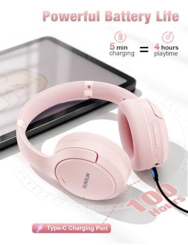 RUNOLIM Hybrid Active Noise Cancelling Headphones, Wireless Over Ear Bluetooth Headphones with Microphone, 100H Playtime, Foldable Headphone with HiFi Audio, Deep Bass for Home Travel Office（Pink） - color: Pink