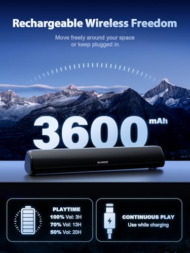 Bluedee Computer Speakers for Desktop PC, Rechargeable Computer Sound Bar | Bluetooth 5.3 & 3.5mm AUX, Clear Balanced Sound, Compact PC Soundbar for Desktop, Laptop, Monitor & Gaming Setup