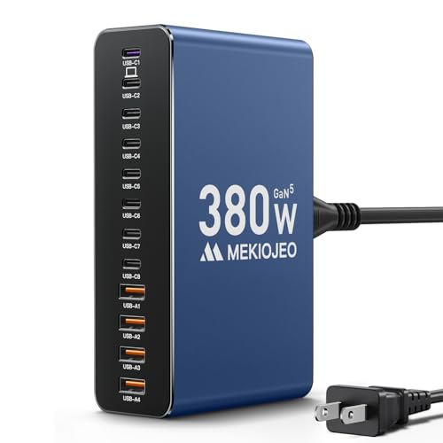 MEKIOJEO 12 Ports Aluminum Alloy 380W Charging Station USB C Charger Block | 65W Laptop Fast GaN Charger for MacBook Pro/Air/iPad Pro/iPhone (Blue) - color: Blue