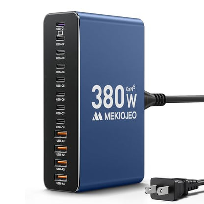 MEKIOJEO 12 Ports Aluminum Alloy 380W Charging Station USB C Charger Block | 65W Laptop Fast GaN Charger for MacBook Pro/Air/iPad Pro/iPhone (Blue) - color: Blue