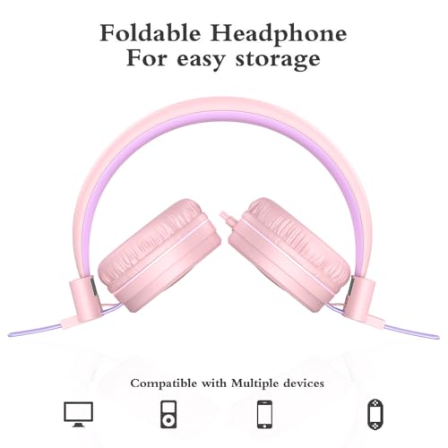 ELECDER i37 Kids Headphones for School Child Girls Boys Teens, Peach/Purple | Foldable Adjustable Lightweight, 3.5mm Audio Jack On Ear Headphones for Smartphones Chromebook Computer PC Tablets Travel - color: Peach/Purple