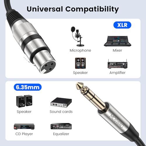 MOSWAG XLR Female to 1/4 Male Microphone Cable Quarter Inch to XLR Cable | 3 Pin Shielded Microphone Cord 24K Gold Plated OFC Shielding Compatible with Mixer Power Amp Sound Console Studio Recording - size: 16.4 ft