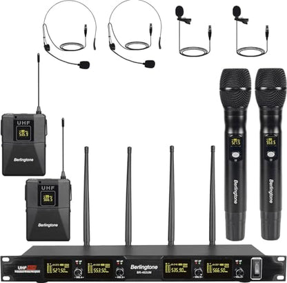 Pro Wireless Microphone System, 4-Channel UHF Wireless Mic Set with 2 Handheld Microphones, 2 Bodypack/Headset/Lapel Mics, Metal Cordless Microphone Base for Church, Singing, DJ (BR-402UM)