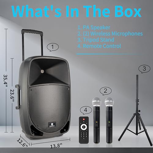 PRORECK Portable 12 Inch 1200W Powered PA/DJ Speaker System with Rechargeable Battery, 2 Wireless Mics, Bluetooth, USB, SD, FM Radio, Remote, Speaker Stand for Parties, Karaoke, speeches, Outdoor - size: 12 inch