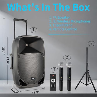 PRORECK Portable 12 Inch 1200W Powered PA/DJ Speaker System with Rechargeable Battery, 2 Wireless Mics, Bluetooth, USB, SD, FM Radio, Remote, Speaker Stand for Parties, Karaoke, speeches, Outdoor - size: 12 inch