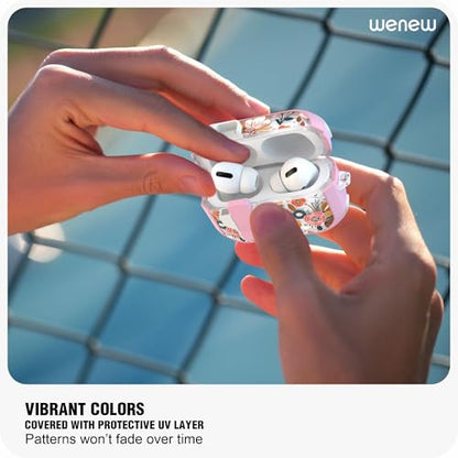 WENEW Case for AirPods Pro & Pro 2 Case Cover Secure Lock Automatic Snap Switch Clip Cleaner Kit Lanyard Women Stylish Flower Full Body Hard Shell Front LED Visible (Pink Flower, AirPods Pro & Pro 2) - color: Pink Flower, size: AirPods Pro & Pro 2