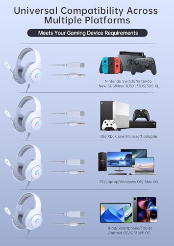 syndesmos CM7002 Gaming Headset for PC, PS5, Xbox Series X|S, Switch, | Over-Ear Headphones with 7.1 Surround Sound, 50MM Drivers & Noise Canceling Mic, RGB Comfort Headset for Gaming, Light White - color: Light White