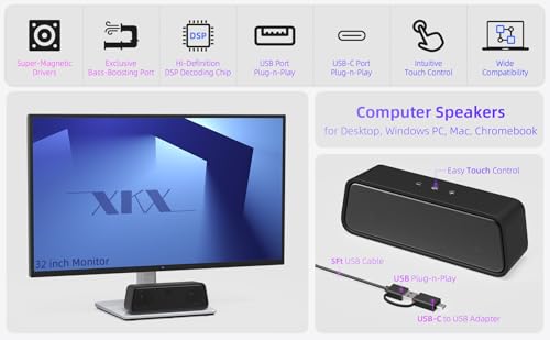 Computer Speakers for Desktop PC, External Speakers for Laptop, USB Plug-in, Wired, Small PC Sound bar with Crystal-Clear Sound, Surprisingly Loud Volume, Deep Bass, Easy Touch Control, USB-C Adapter - size: 8 Inch