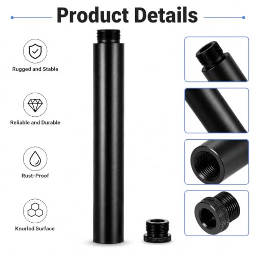 6-Inch Mic Stand Extension Tubes, Universal 5/8-27" Thread Heavy Duty Aluminum Alloy Microphone Extender Pipe with 5/8" to 3/8" Adapter for Most Mic Booms, Desk Base, Boom Arm, Podcast Setup