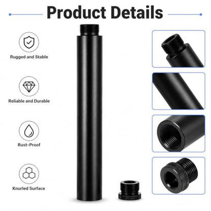 6-Inch Mic Stand Extension Tubes, Universal 5/8-27" Thread Heavy Duty Aluminum Alloy Microphone Extender Pipe with 5/8" to 3/8" Adapter for Most Mic Booms, Desk Base, Boom Arm, Podcast Setup