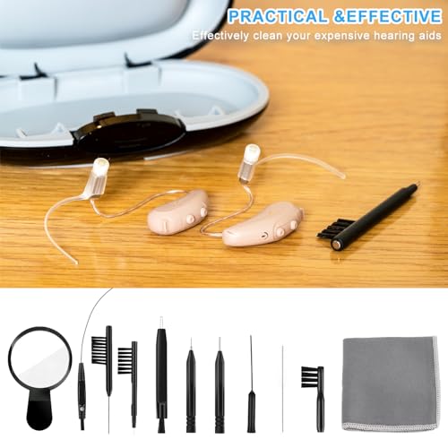 WXJ13 Hearing Aid Cleaning Kit, 13 Pieces, Includes Nylon Brushes, Magnifier, Ventilation Rod, Screwdriver, Case for Headphones, Earplugs, Mobile Phone Charging Holes