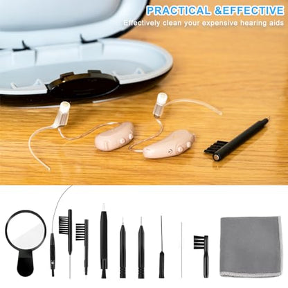 WXJ13 Hearing Aid Cleaning Kit, 13 Pieces, Includes Nylon Brushes, Magnifier, Ventilation Rod, Screwdriver, Case for Headphones, Earplugs, Mobile Phone Charging Holes