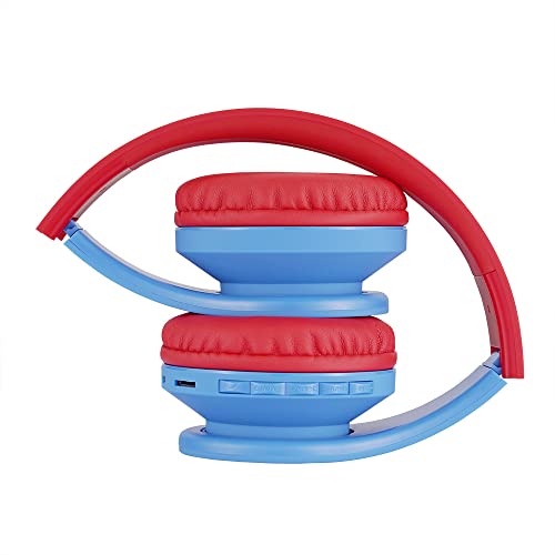 PowerLocus Bluetooth Headphones for Kids, Wireless Foldable Headphones Over Ear, Headphone with Microphone, 85DB Volume Limit, Wireless and Wired Headset with Micro SD, FM for Cellphones, Tablets, PC - color: Blue/Red