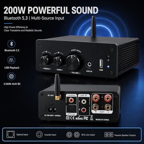 LONPOO 200W Mini Bluetooth Audio Amplifier Class D for Bookshelf Speaker | 2.0 Channel Integrated Amp, Optical Coaxial USB AUX Input, HiFi, 200W RMS (LP-615B) - color: 615-all Black
