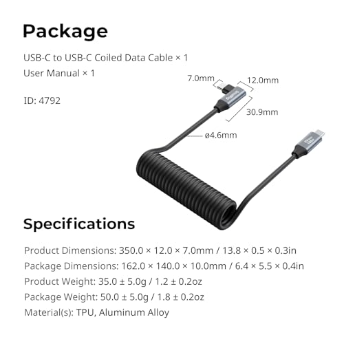 SMALLRIG USB-C to USB-C Coiled Data Cable (Straight to Angled) - 4792 | 90° Straight-to-Angled Design, 20Gbps High-Speed Data Transfer, Supports PD 100W Fast Charging for iPhone/Laptops/Cameras - size: 1.15FT-3.28FT, style: Straight to Angled Coiled