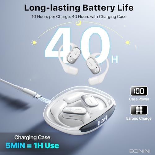 Eonini Open-Ear Earbuds with Earhooks, LED Display Case, Lightweight & Secure Fit, All-Day Comfort, Stay-Aware Design, Clear Calls, 40H Playtime, IPX5 Waterproof Bluetooth 5.3 for Running, Gym - color: White