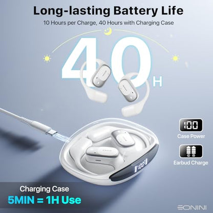 Eonini Open-Ear Earbuds with Earhooks, LED Display Case, Lightweight & Secure Fit, All-Day Comfort, Stay-Aware Design, Clear Calls, 40H Playtime, IPX5 Waterproof Bluetooth 5.3 for Running, Gym - color: White