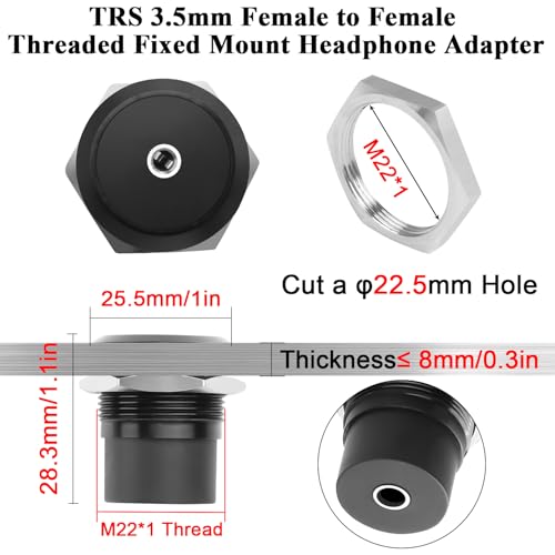 QIANRENON TRS 3.5mm Threaded Fixed Mount Headphone Adapter Socket 3-Pole 1/8 TRS Female to Female Bulkhead Mount Stereo Connector Coupler, Al Alloy Shell, for Expansion 3.5mm Audio Port Amplifier