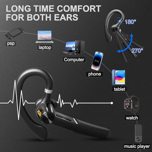 Bluetooth 5.3 Headset, 60Hrs Single Ear Earpiece with Mic | LED Charging Case, Noise Cancelling Mic, Hands-Free Calls for Business, Driving & Meetings