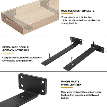 HITOMEN Heavy Duty Floating Shelf Brackets, 12-Inch (1/5'' Thick) Hidden Shelves Hardware, Iron L Brackets, Rustic Industrial Black Metal Wall Shelving Supports, 4 Pack - size: 12 Inch, style: 4 Pack