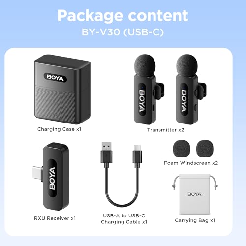 BOYA BY-V30 Wireless Lavalier Microphone,USB Type-C Mini Laple Mics for iPhone16,Android Smartphone,36H Battery,Noise Reduction,328FT Range Clip-on Condenser Mic for YouTube Interview TikTok - style: BY-V30(2TX+RXU+CC)